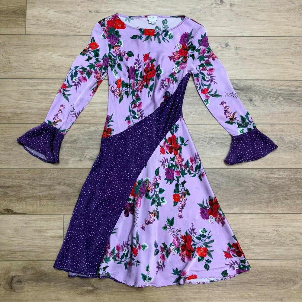 Ghost London Carly XS Floral Polka Dot Mixed‎ Print Asymmetric Bell Sleeve Dress